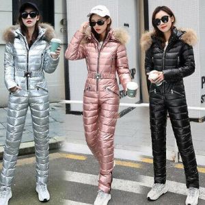 top shop women's clothes Women Real Fur Collar Cotton Romper Jumpsuit Winter Ski Suit Hooded Warm Thicken